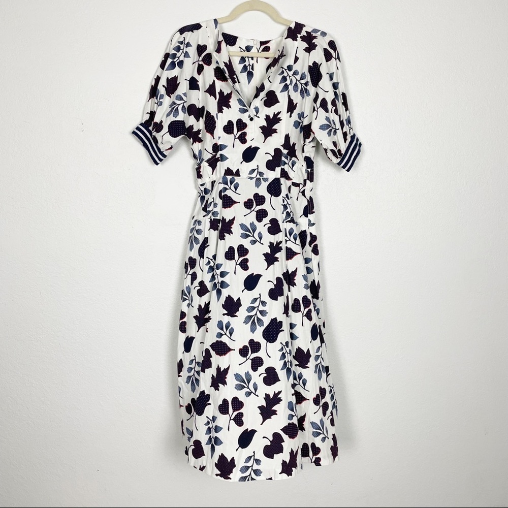 Warm Short Sleeve V-Neck Midi Floral Dress White Cotton Casual Summer Work